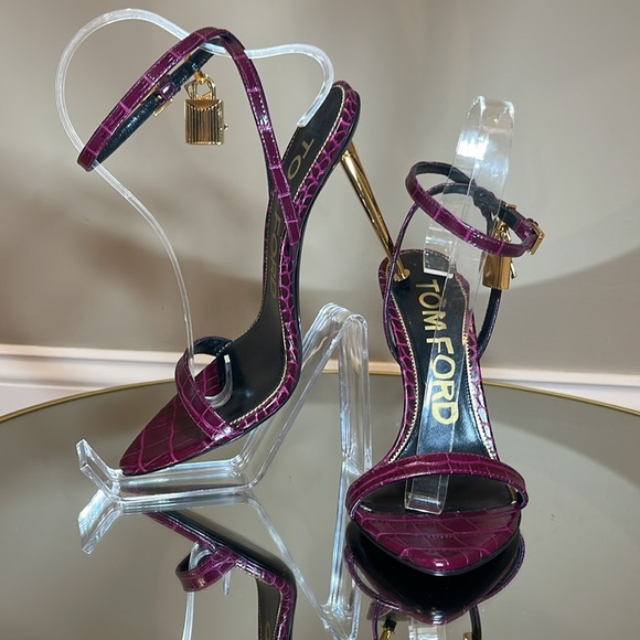 Tom Ford Padlock 105 lock cranberry leather heeled sandals sz 38.5 - Picture 14 of 17